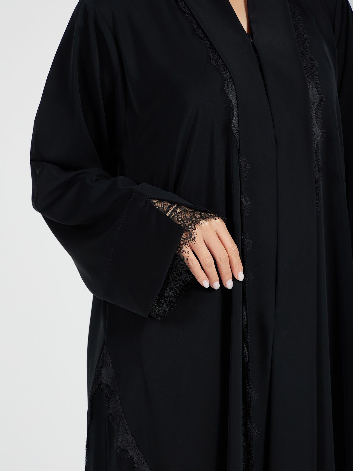V-Neck Layered Abaya with Eyelash Lace Trim