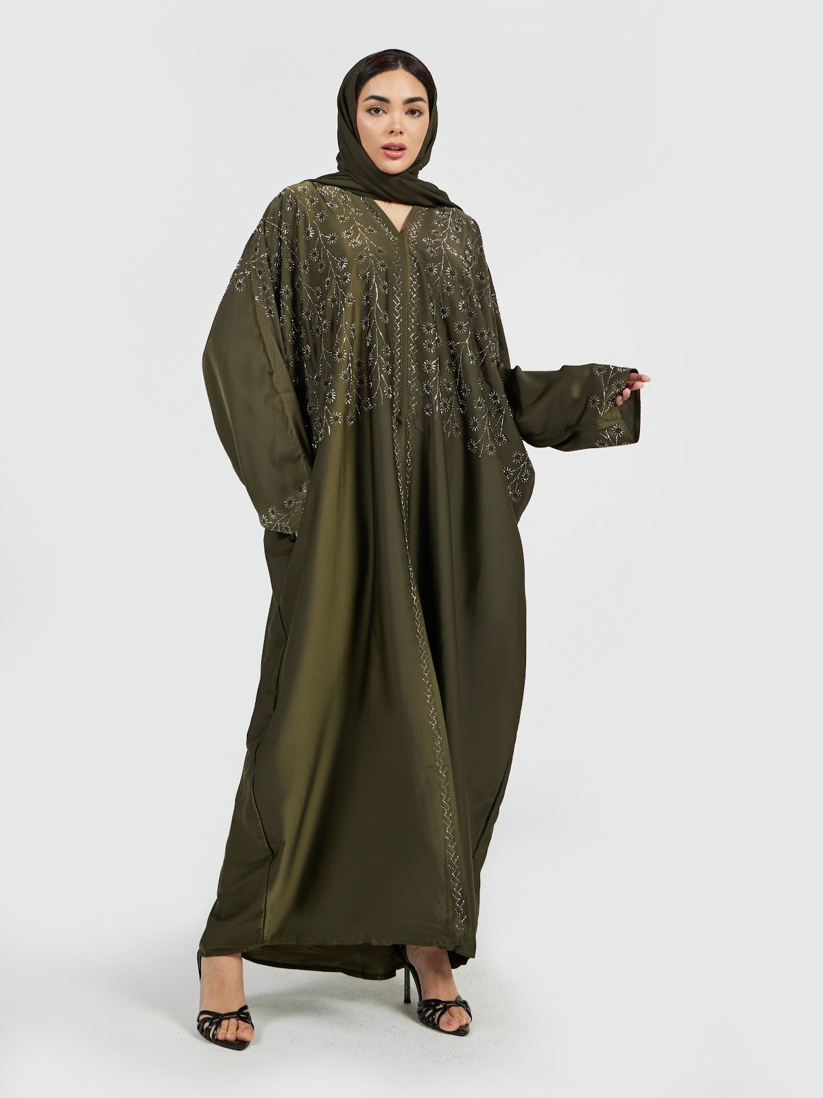 Women's Luxury Olive Green Hand-Embroidered Abaya with Matching Sheila
