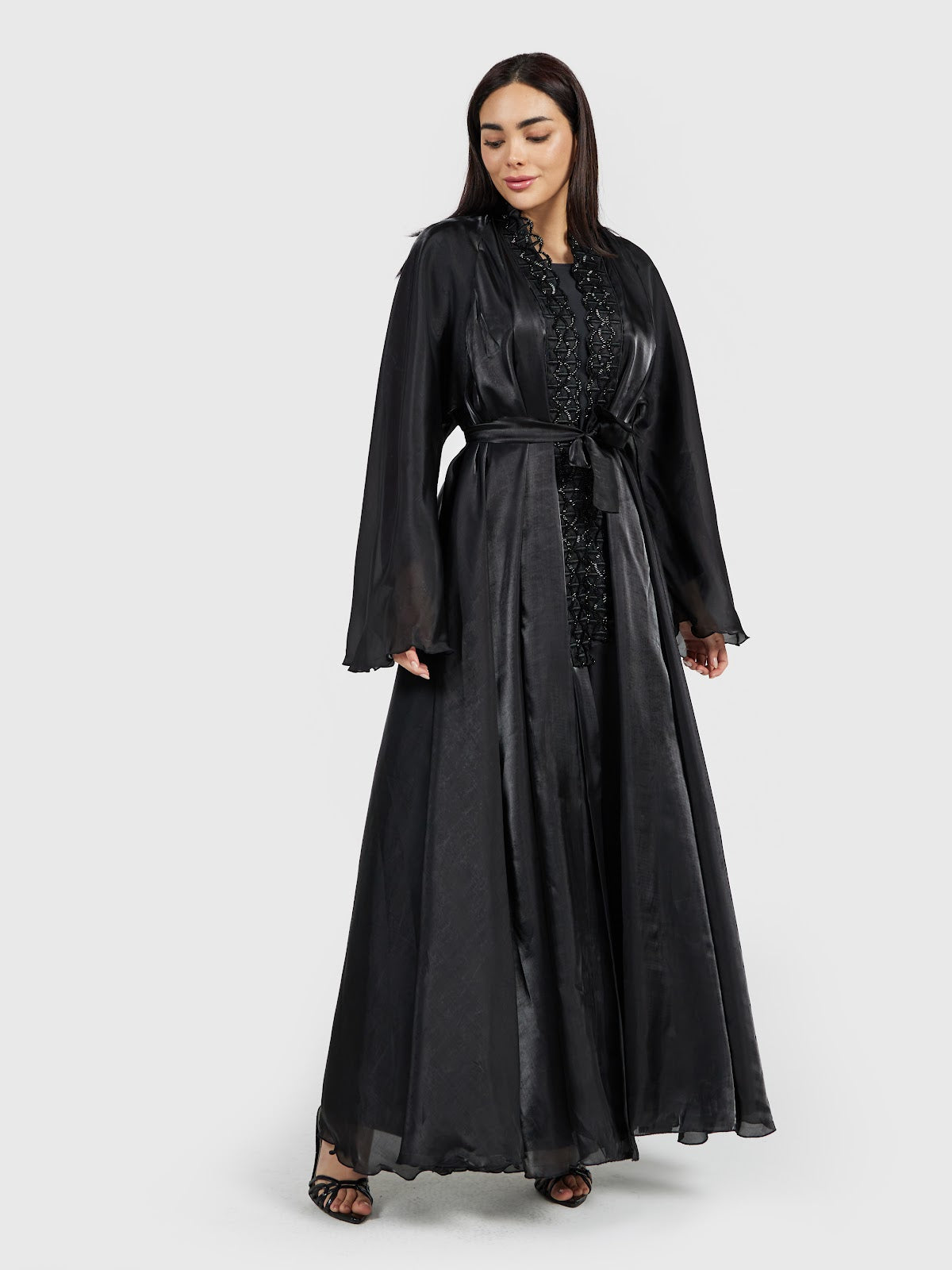 Elegant Jet Black Organza Abaya with Intricate Beadwork & Belt