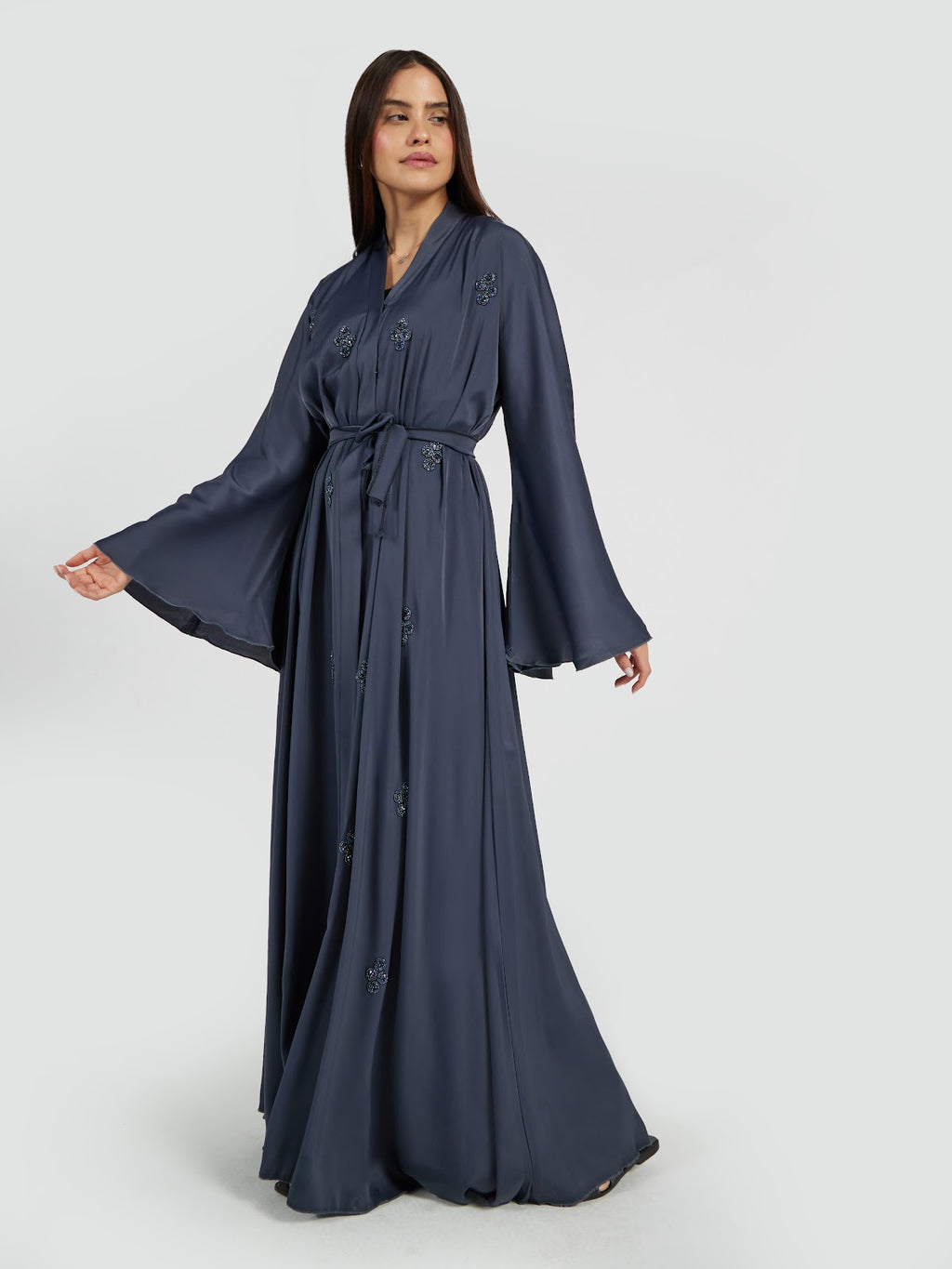 Deep Charcoal Grey Beaded Abaya with Wide Sleeves