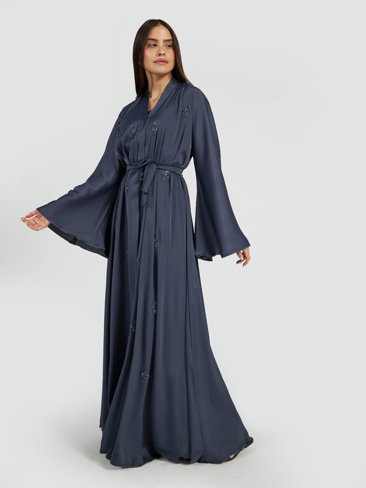 Deep Charcoal Grey Beaded Abaya with Wide Sleeves