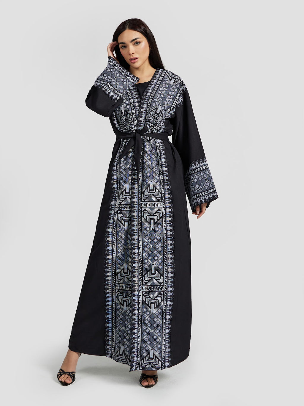 Women's Tribal Geometric Embroidered Abaya - Black & Blue Modest Kaftan