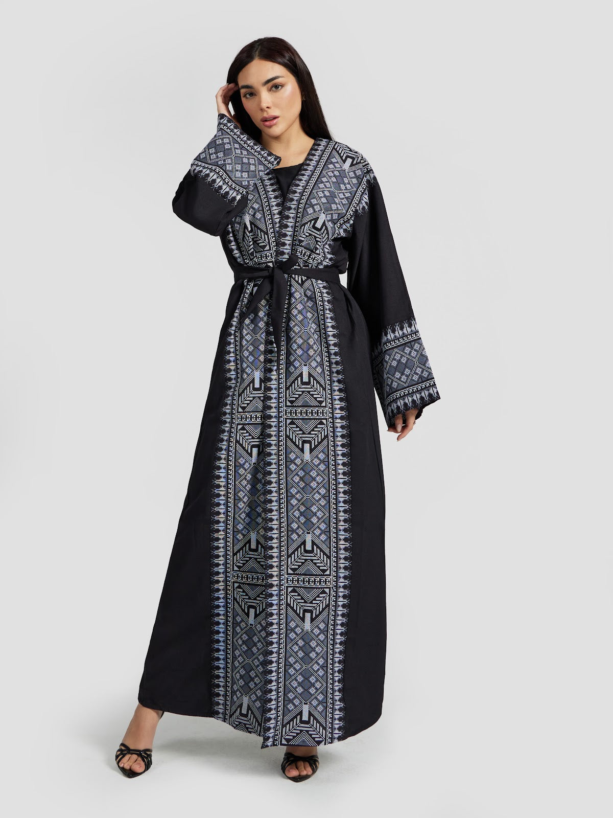 Women's Tribal Geometric Embroidered Abaya - Black & Blue Modest Kaftan