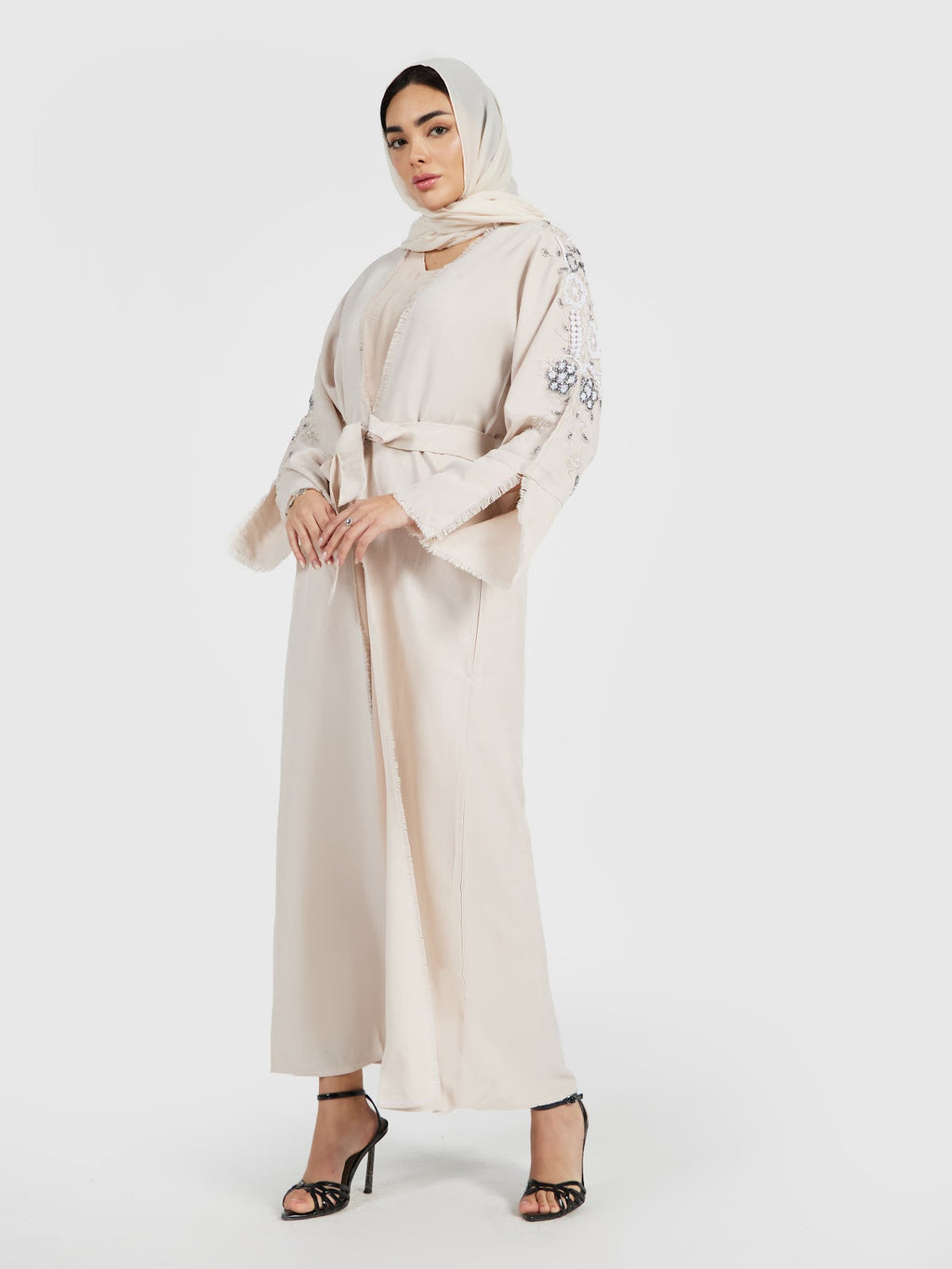 Women's Linen Embroidered Abaya - Elegant Beige Open Front Kaftan with Belt