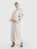 Women's Linen Embroidered Abaya - Elegant Beige Open Front Kaftan with Belt