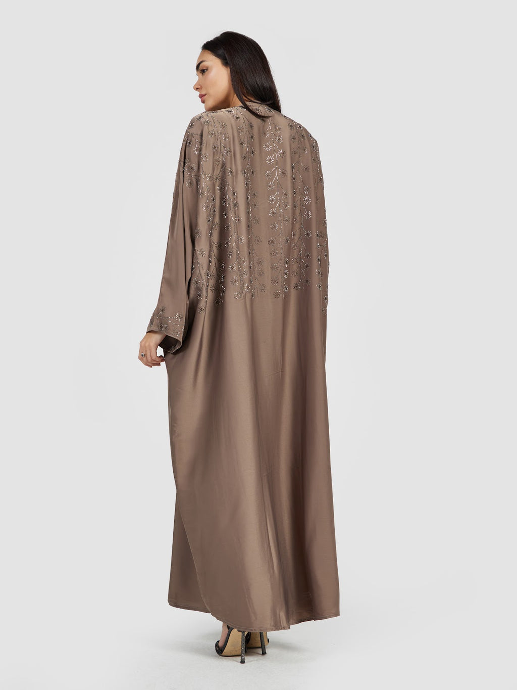 Women's Taupe Brown Embellished Open Front Abaya - Modest Evening Wear
