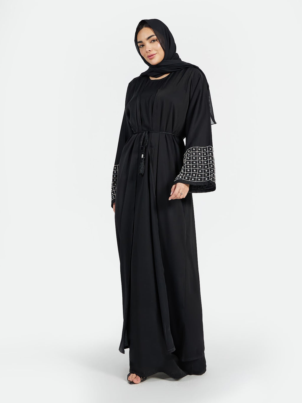 Women's Black Abaya with Geometric Grid Embroidered Sleeves