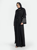 Women's Black Abaya with Geometric Grid Embroidered Sleeves