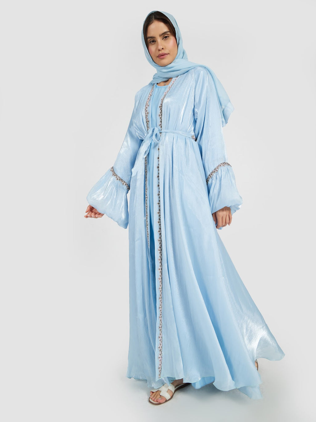 Sky Blue Shimmer Abaya Set with Beaded Bell Sleeves and Belt