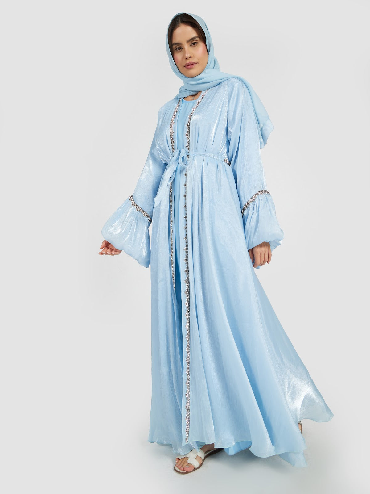 Sky Blue Shimmer Abaya Set with Beaded Bell Sleeves and Belt