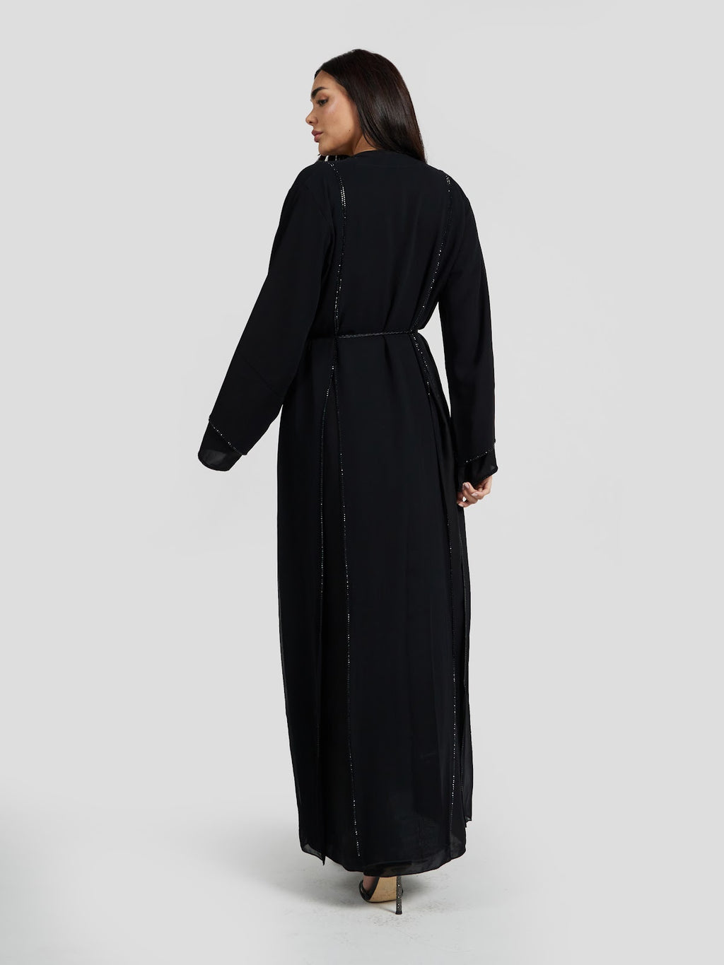 Classic Black Layered Sleeve Abaya with Crystal Trim