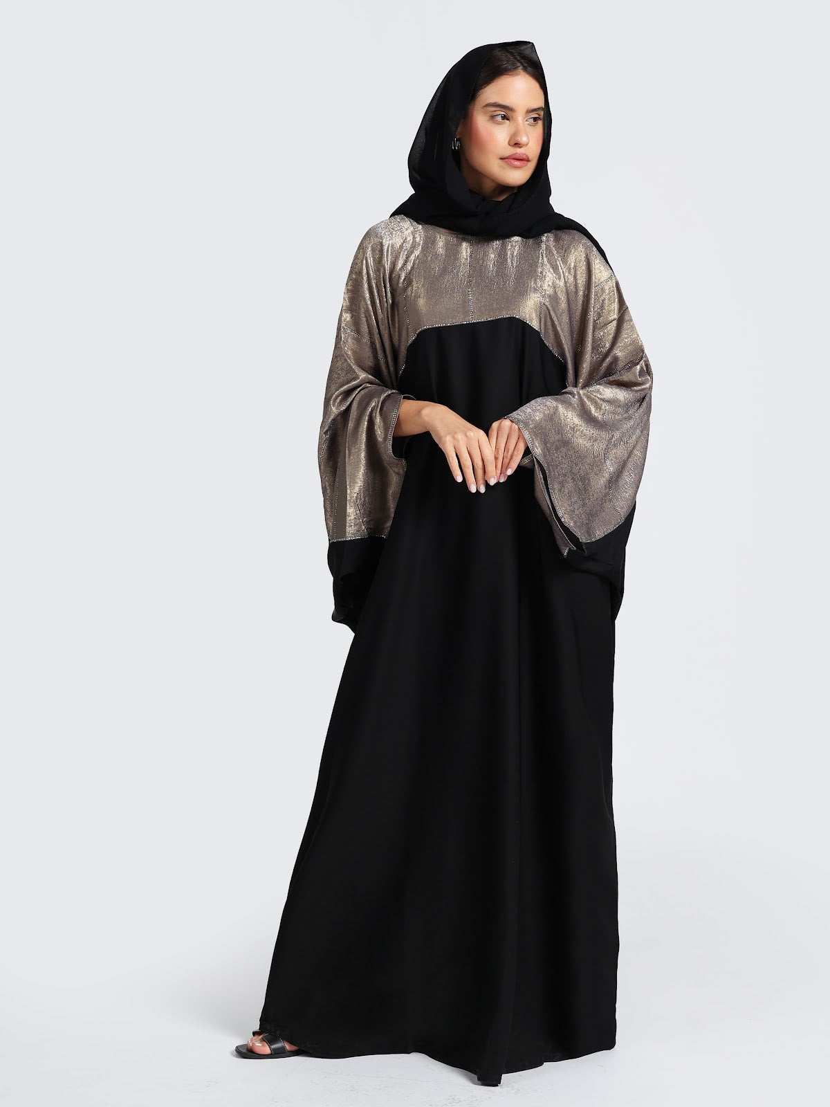 Metallic Gold & Black Contrast Kimono Abaya