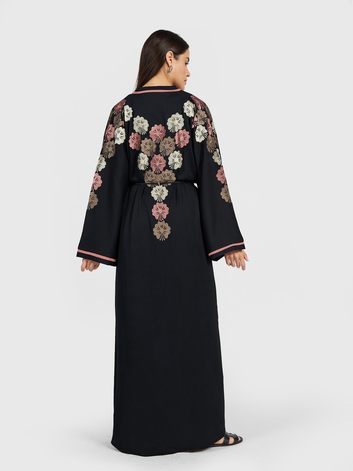 Black Floral Embroidered Abaya with Contrast Piping