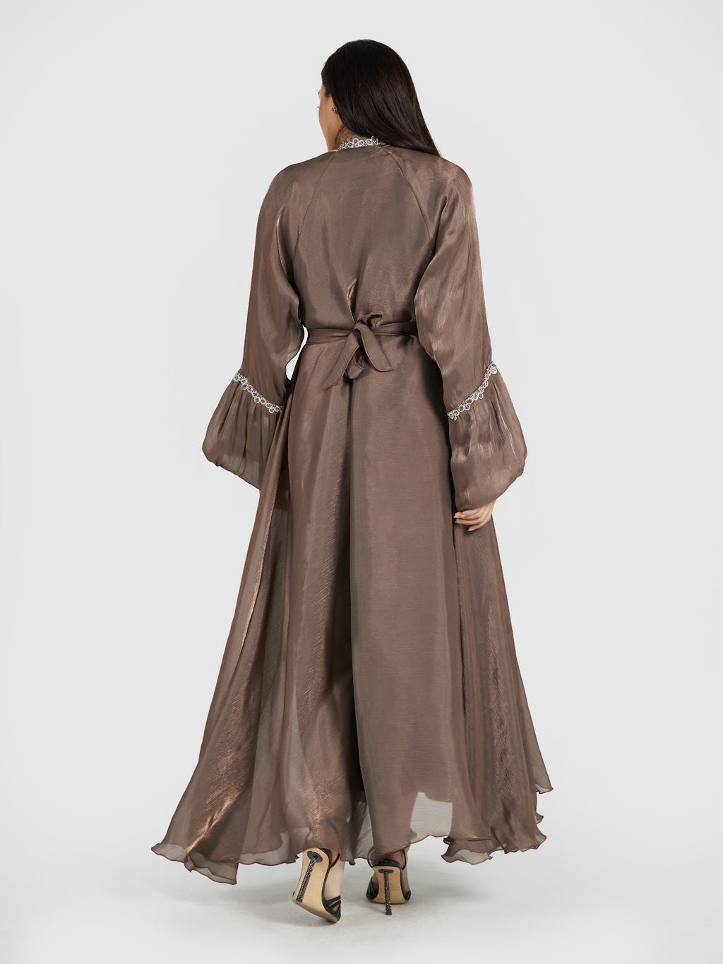 Metallic Bronze Flare Sleeve Abaya Set with Embellished Waistband