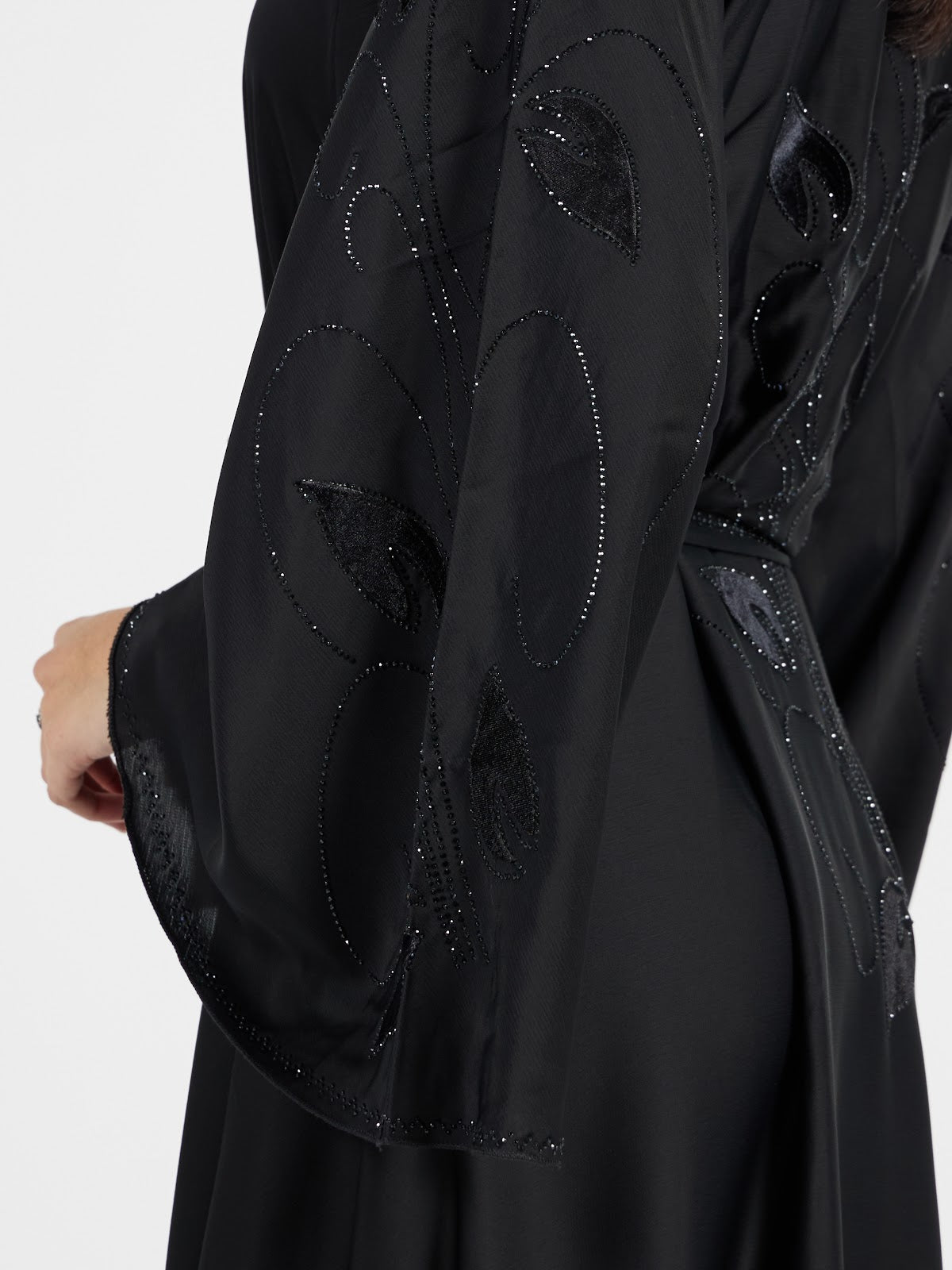 Classic Black Belted Abaya with Tonal Embroidery and Crystals