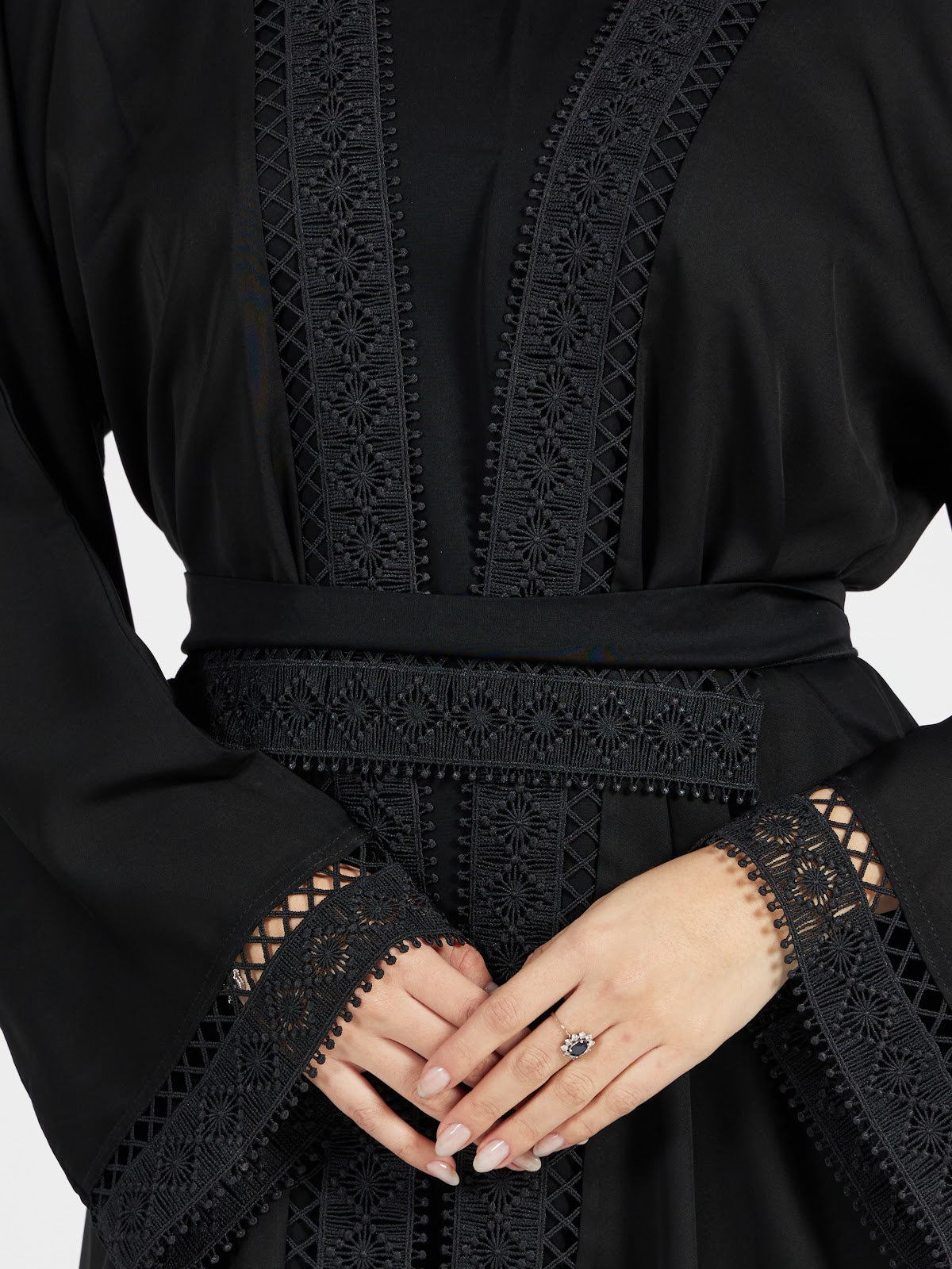Classic Black Lace-Bordered Abaya with Matching Waist Belt