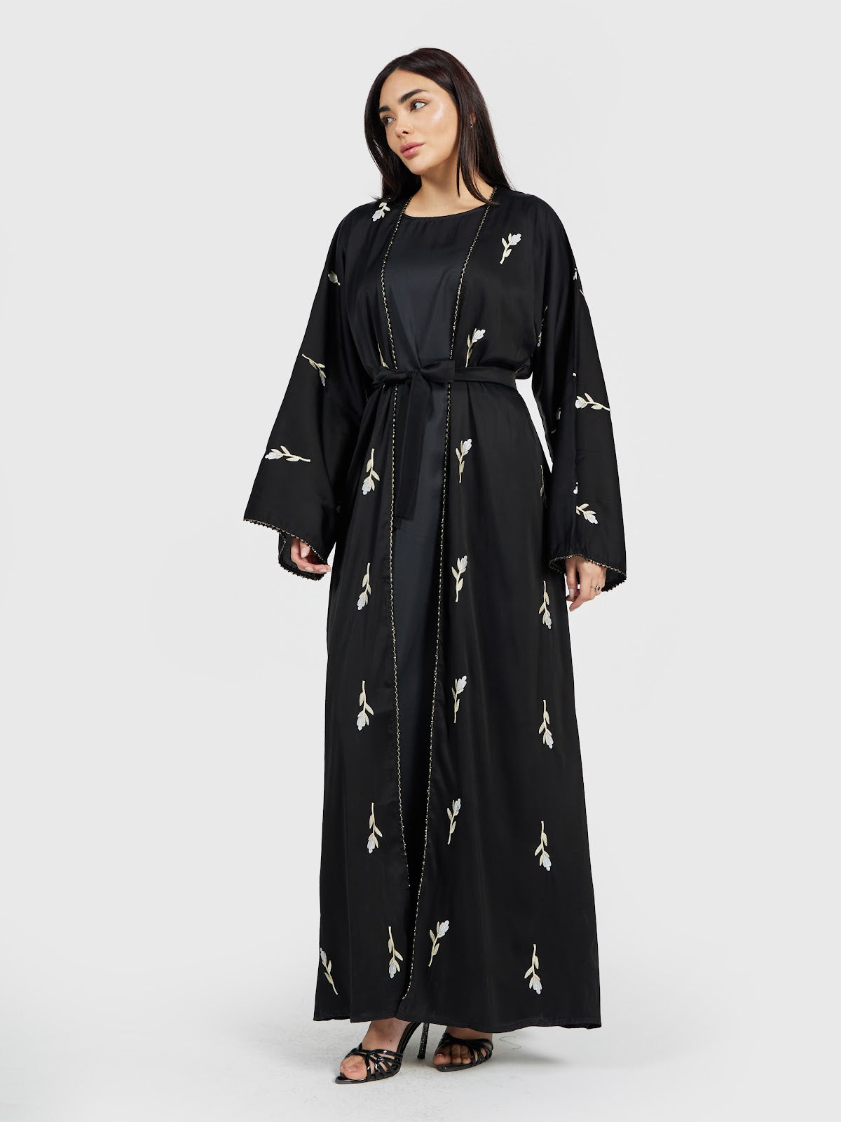 Women's Black Embroidered Abaya with Waist Belt