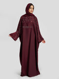 Deep Maroon Embroidered Kaftan Abaya with Silver Stones