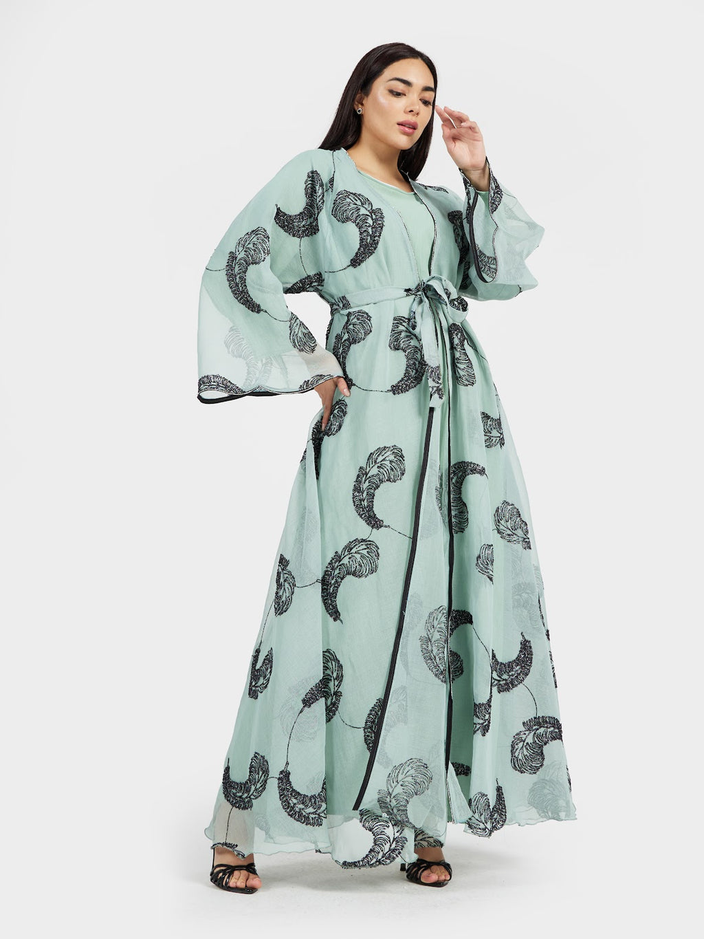 Mint Green Marble Print Organza Abaya with Feather Sequin Motifs