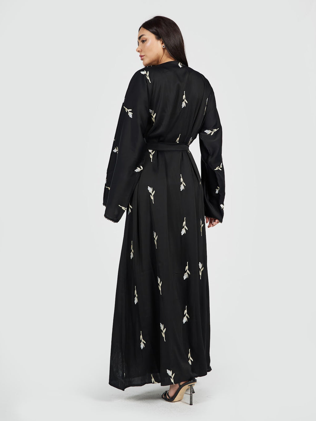 Women's Black Embroidered Abaya with Waist Belt