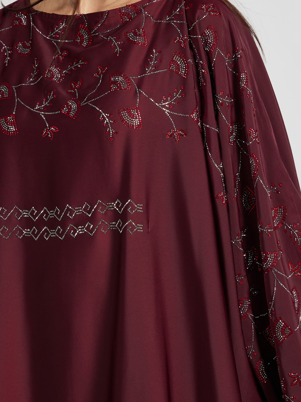 Deep Maroon Embroidered Kaftan Abaya with Silver Stones