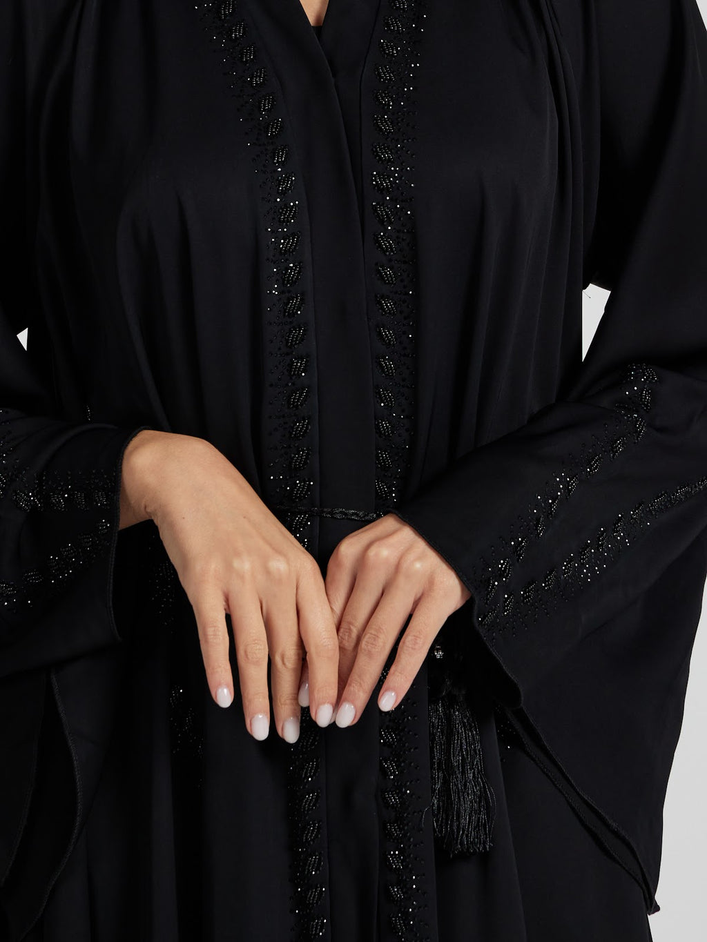 Elegant Black Beaded Abaya with Tassel Waist Belt