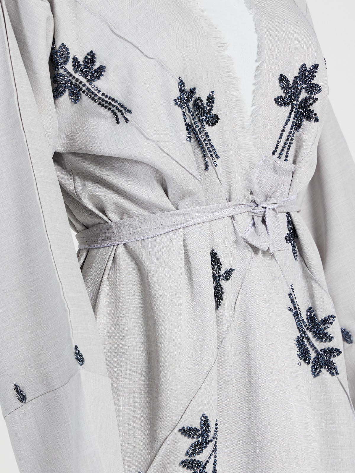 Grey Linen-Look Abaya with Navy Floral Embroidery and Fringed Hem