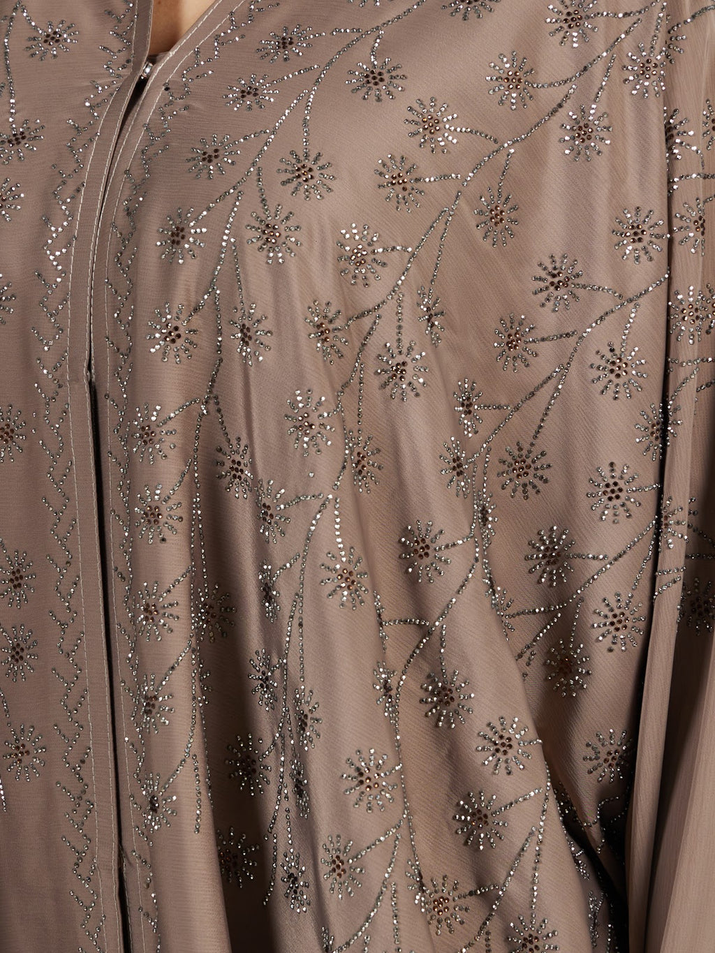 Women's Taupe Brown Embellished Open Front Abaya - Modest Evening Wear