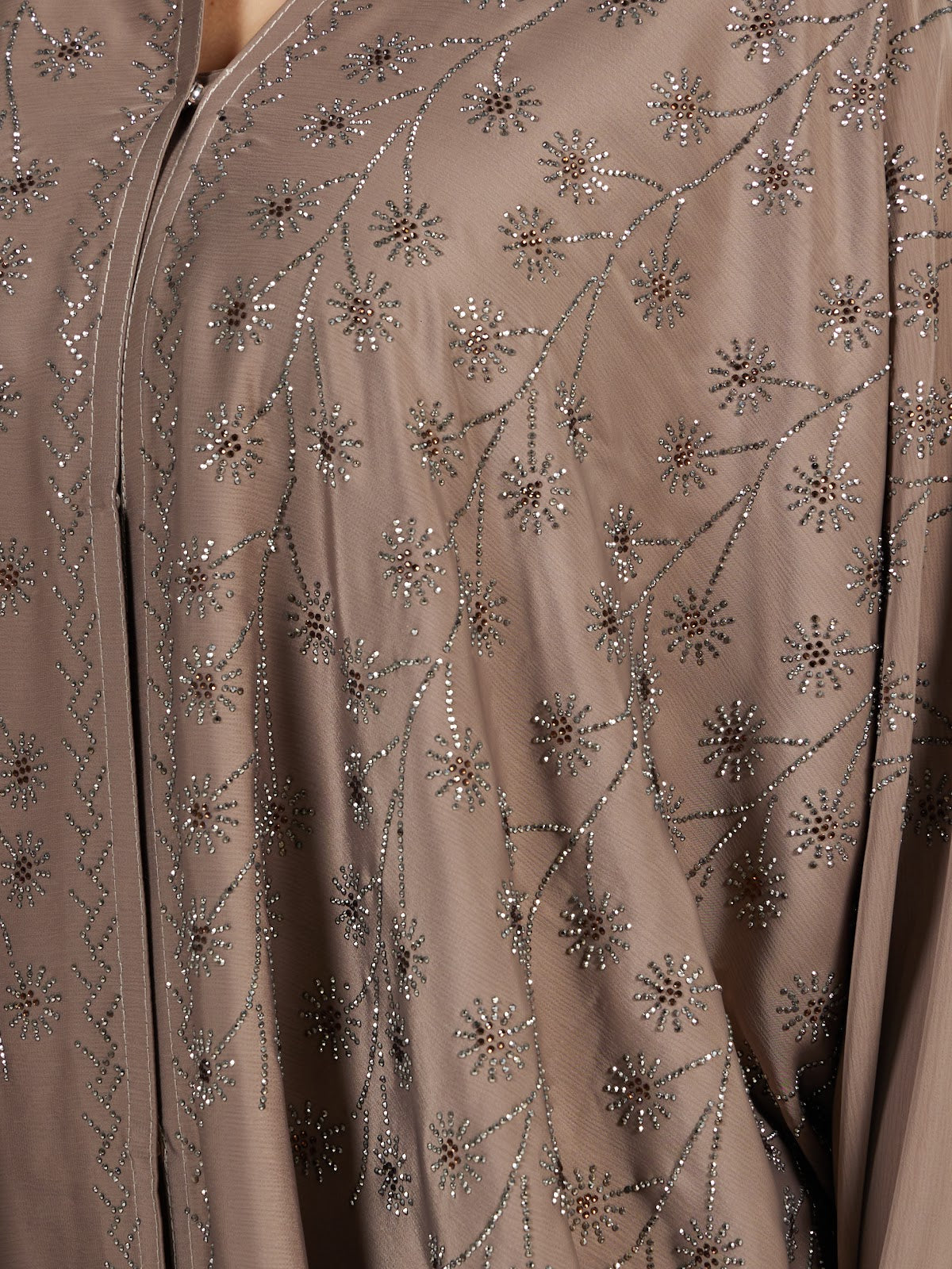 Women's Taupe Brown Embellished Open Front Abaya - Modest Evening Wear
