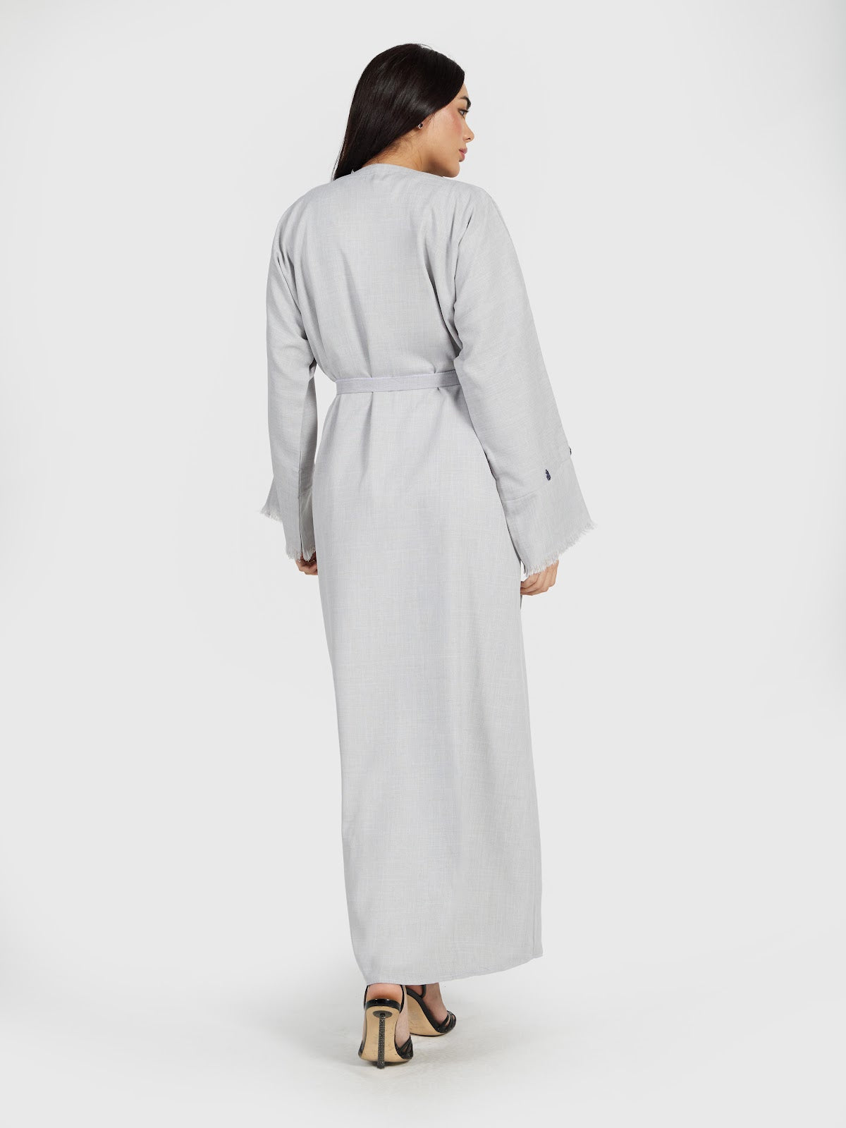 Grey Linen-Look Abaya with Navy Floral Embroidery and Fringed Hem