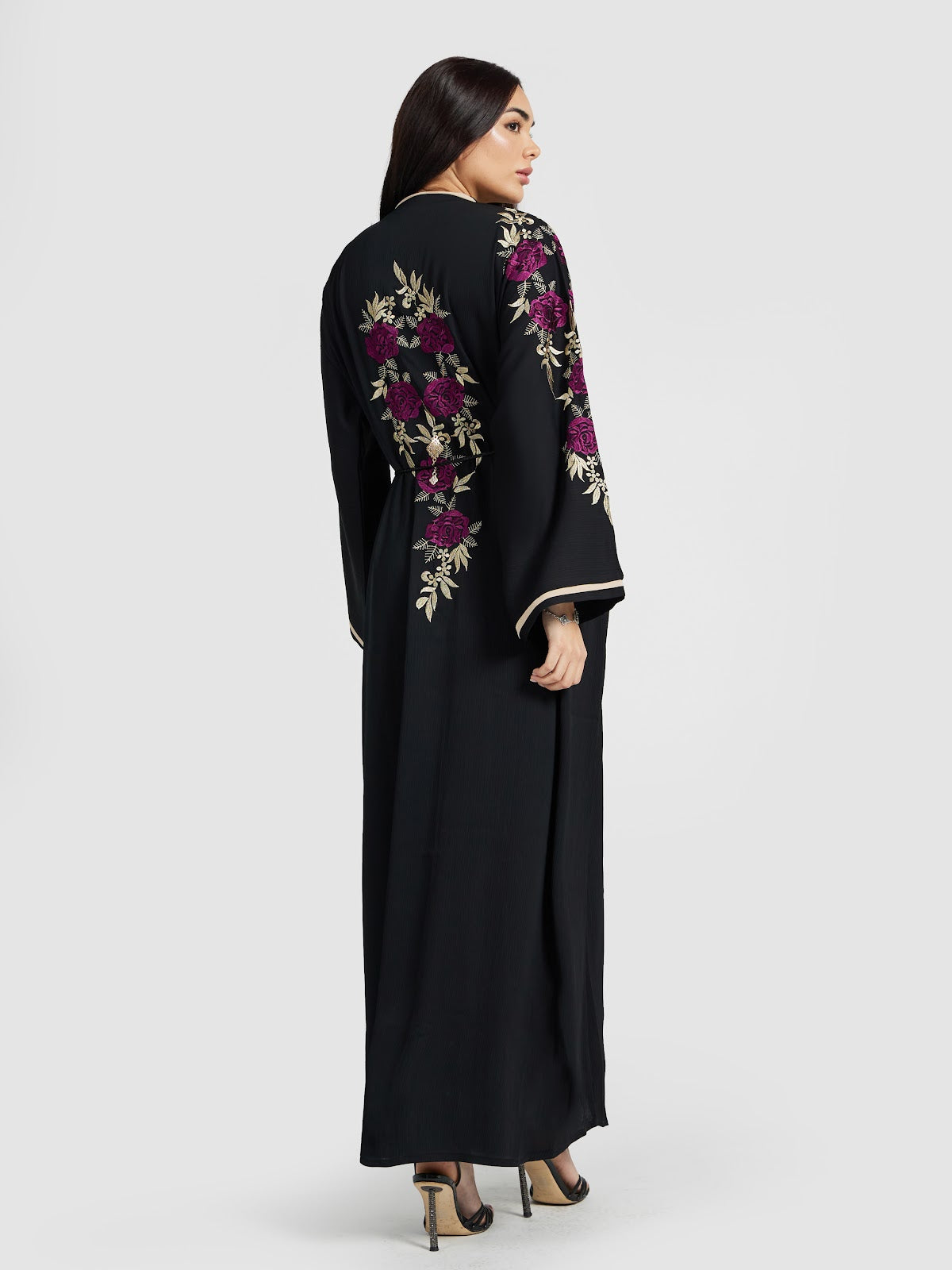 Magenta Rose Embroidered Black Abaya Set