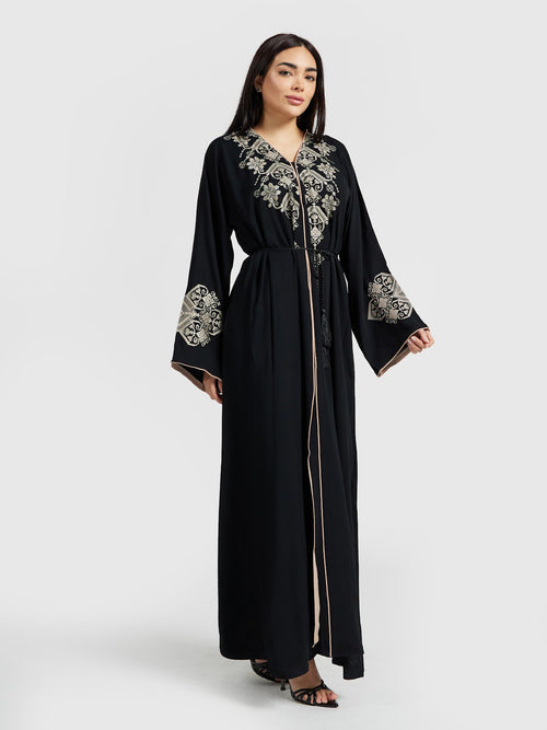 Black Gold-Thread Embroidered Abaya - Classic Luxury Modest Gown