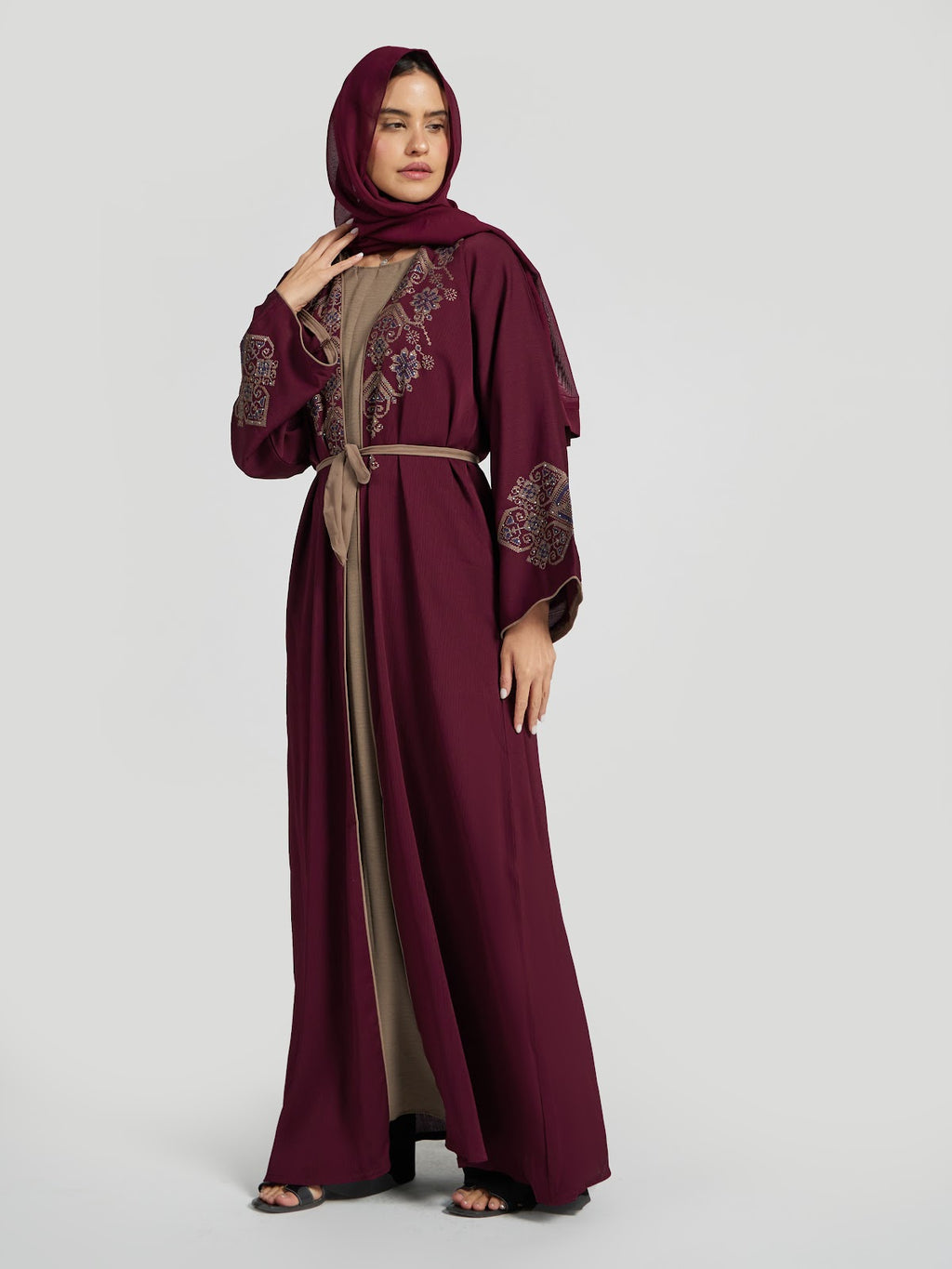 Maroon & Khaki Two-Tone Layered Abaya - Intricate Yoke Embroidery