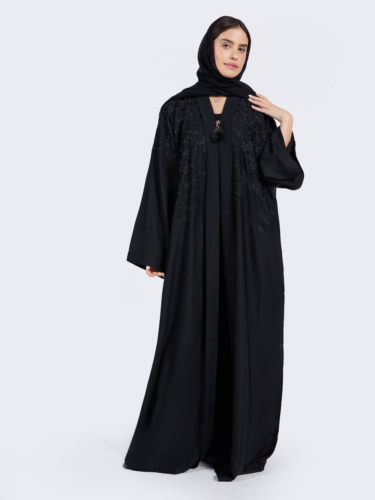 Black Floral Lace Appliqué Formal Abaya