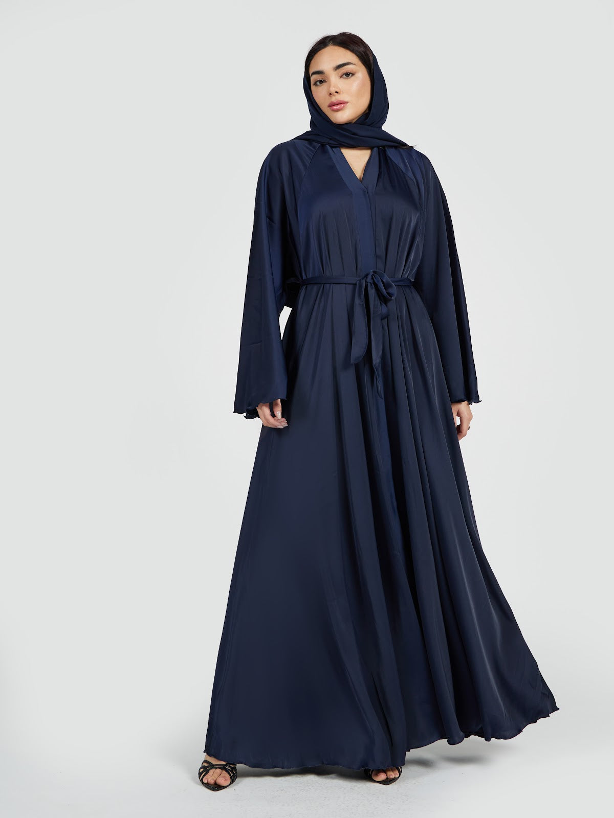 Royal Navy Blue Satin Abaya - Elegant Belted Evening Wrap Gown