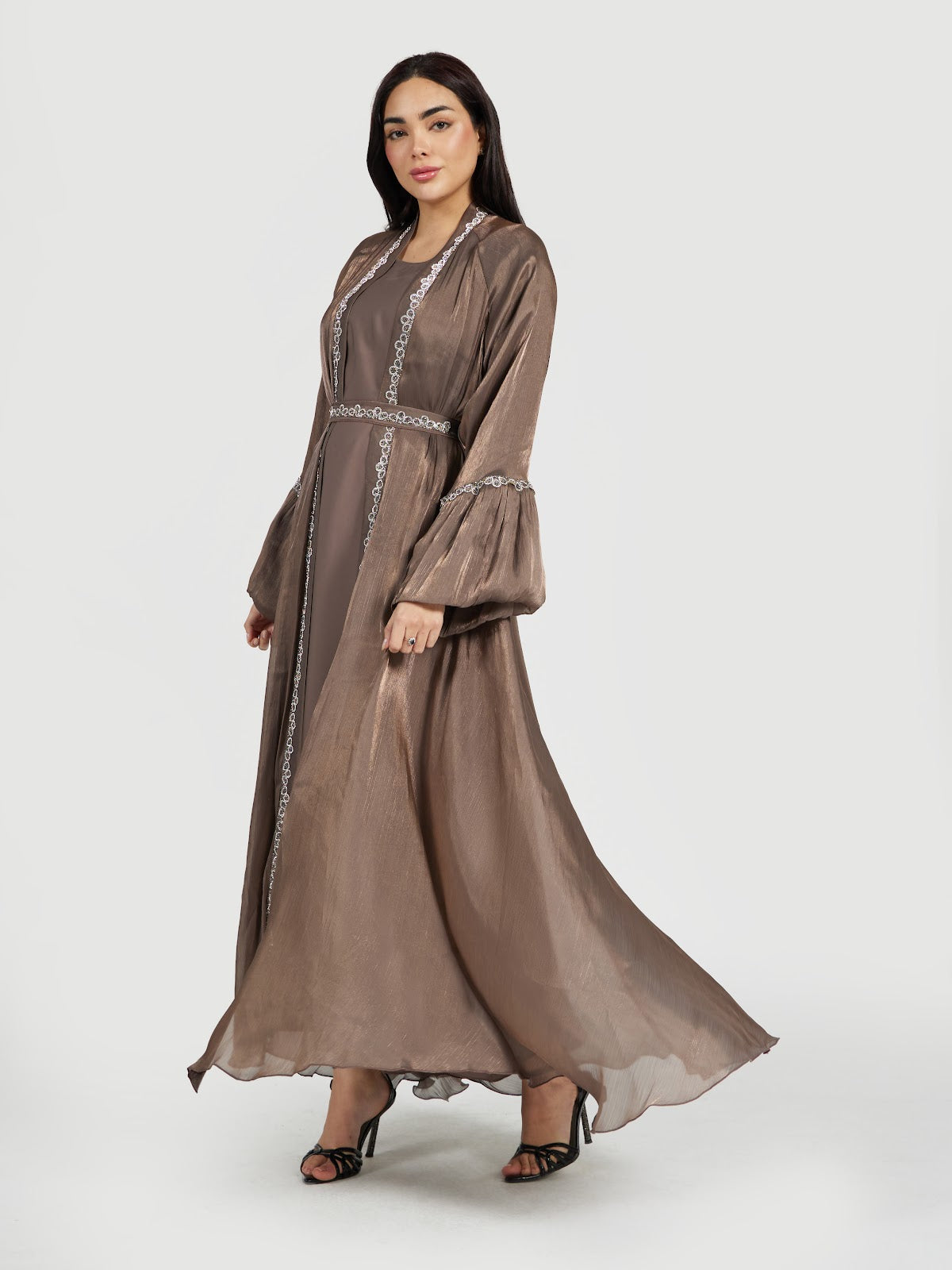 Metallic Bronze Flare Sleeve Abaya Set with Embellished Waistband