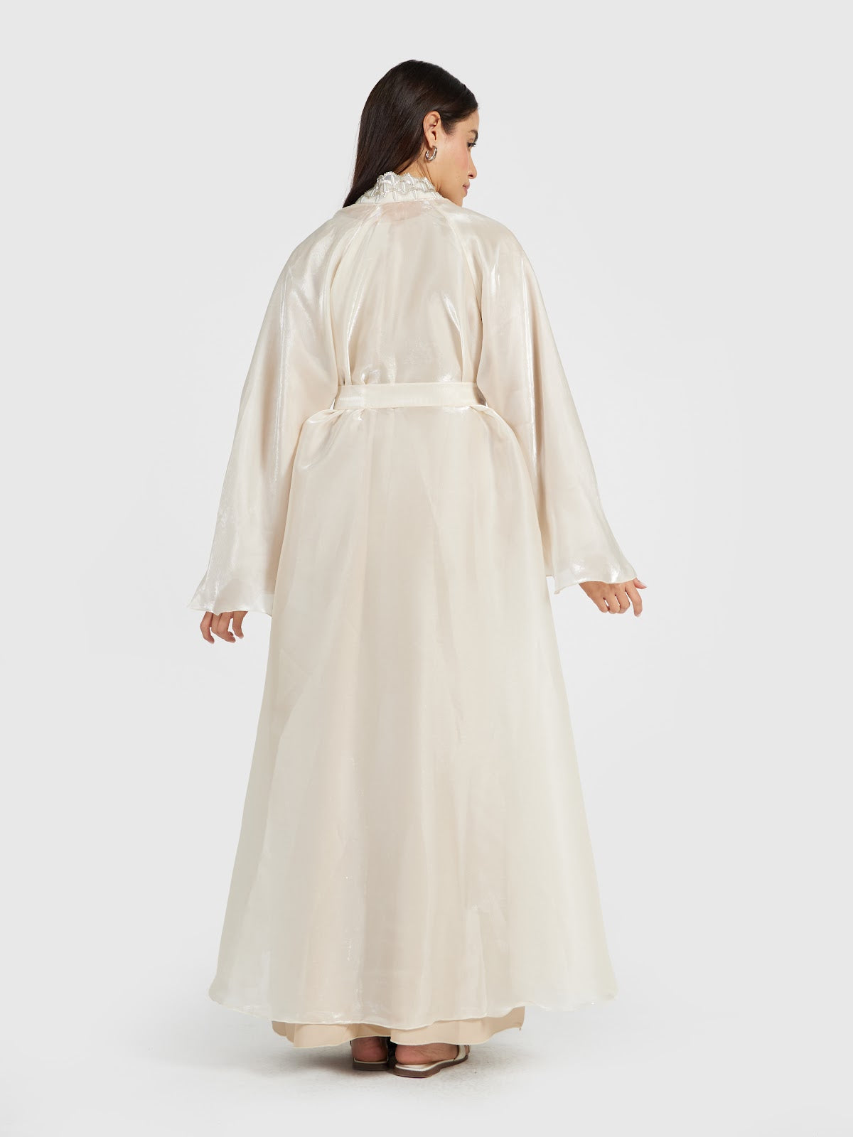 Women's Luxury Champagne Organza Shimmer Abaya with Belt