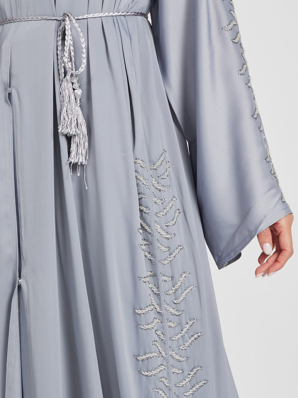 Soft Grey Floral Embroidered Abaya - Modern Modest Kaftan with Tassel Belt