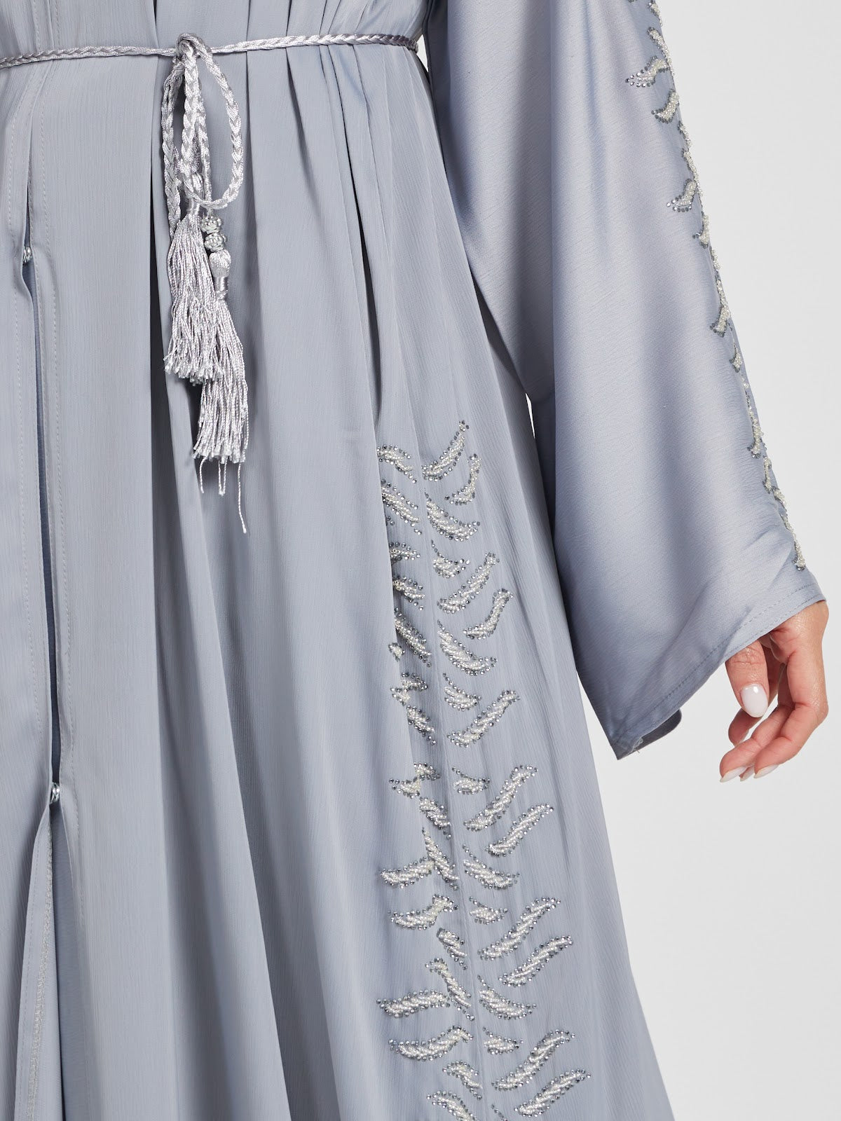 Soft Grey Floral Embroidered Abaya - Modern Modest Kaftan with Tassel Belt