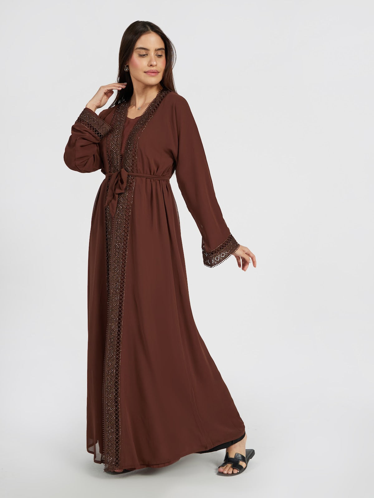 Deep Coffee Brown Modest Abaya Set with Intricate Embroidery & Belt