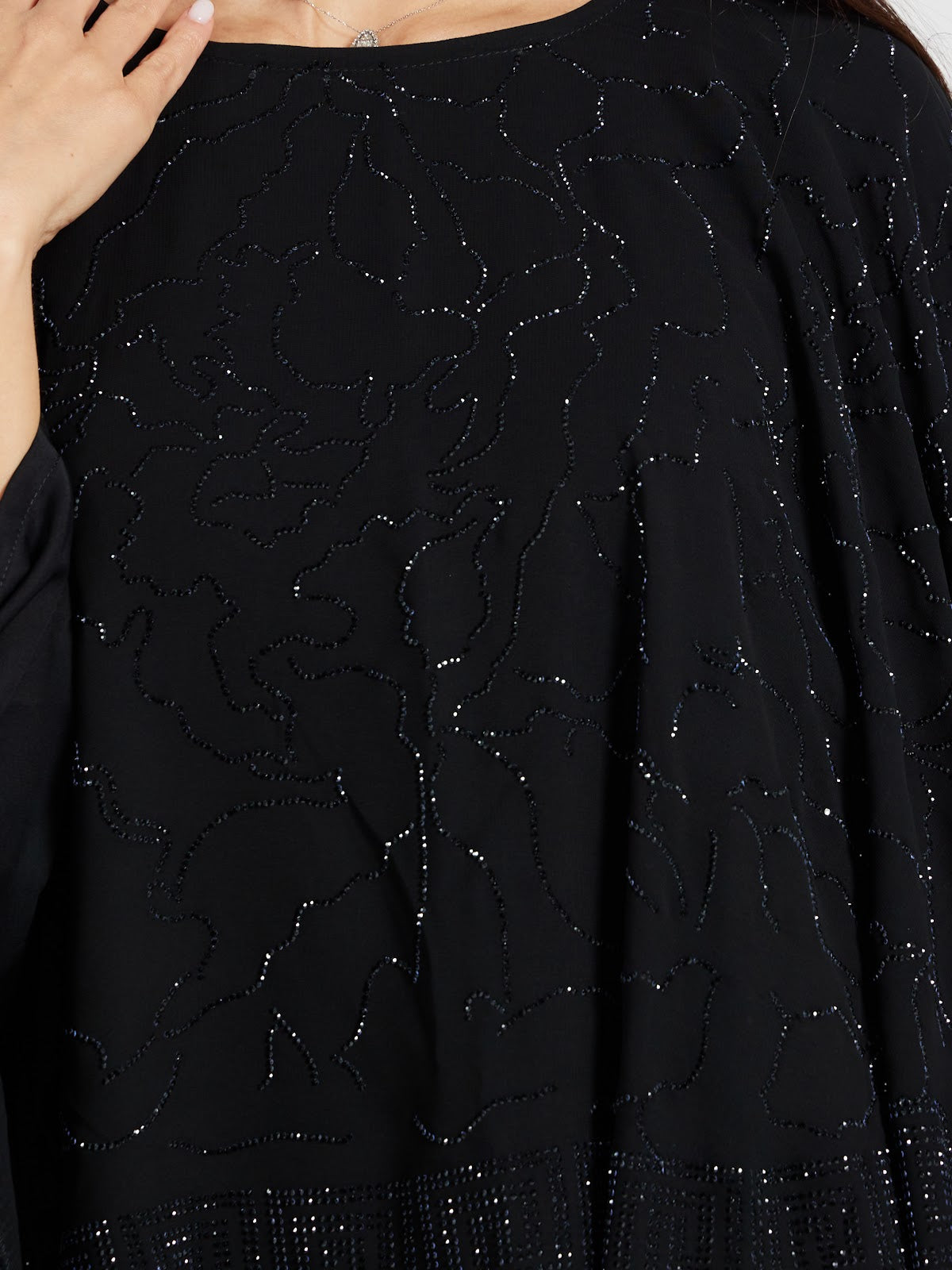 Black Cape Style Abaya with Intricate Sequin Overlay