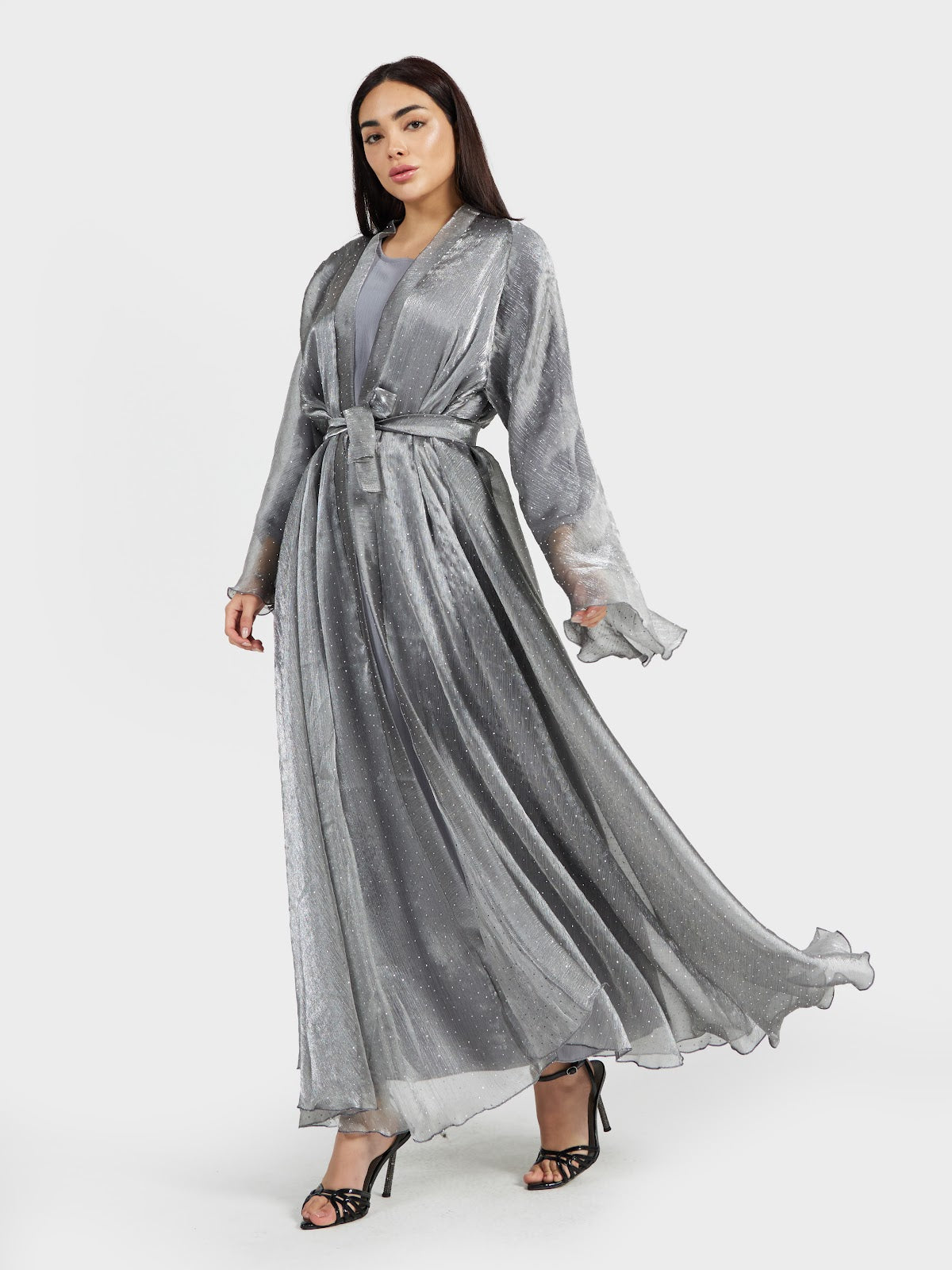 Shimmer Silver Organza Abaya with Sheer Hijab
