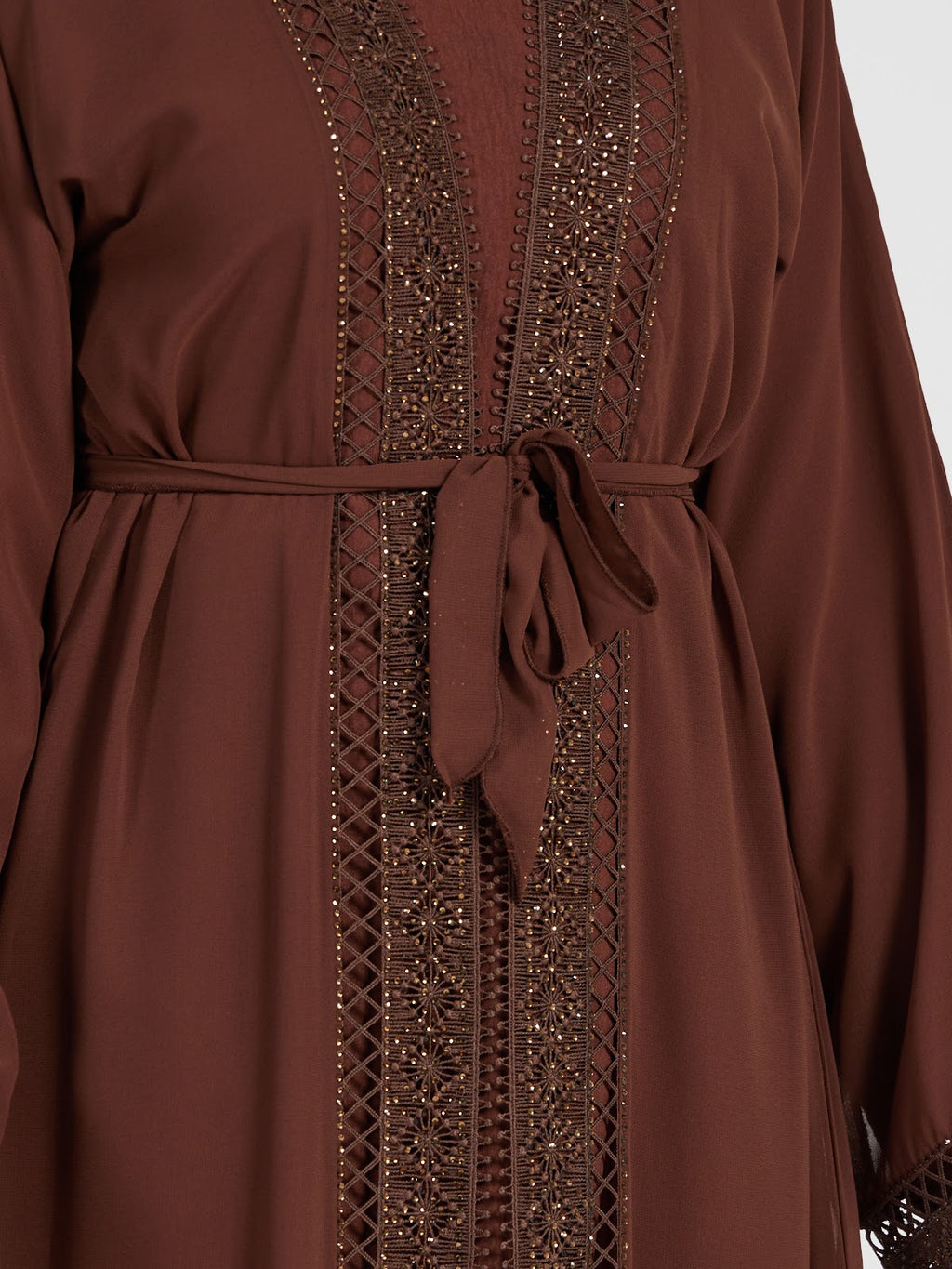 Deep Coffee Brown Modest Abaya Set with Intricate Embroidery & Belt