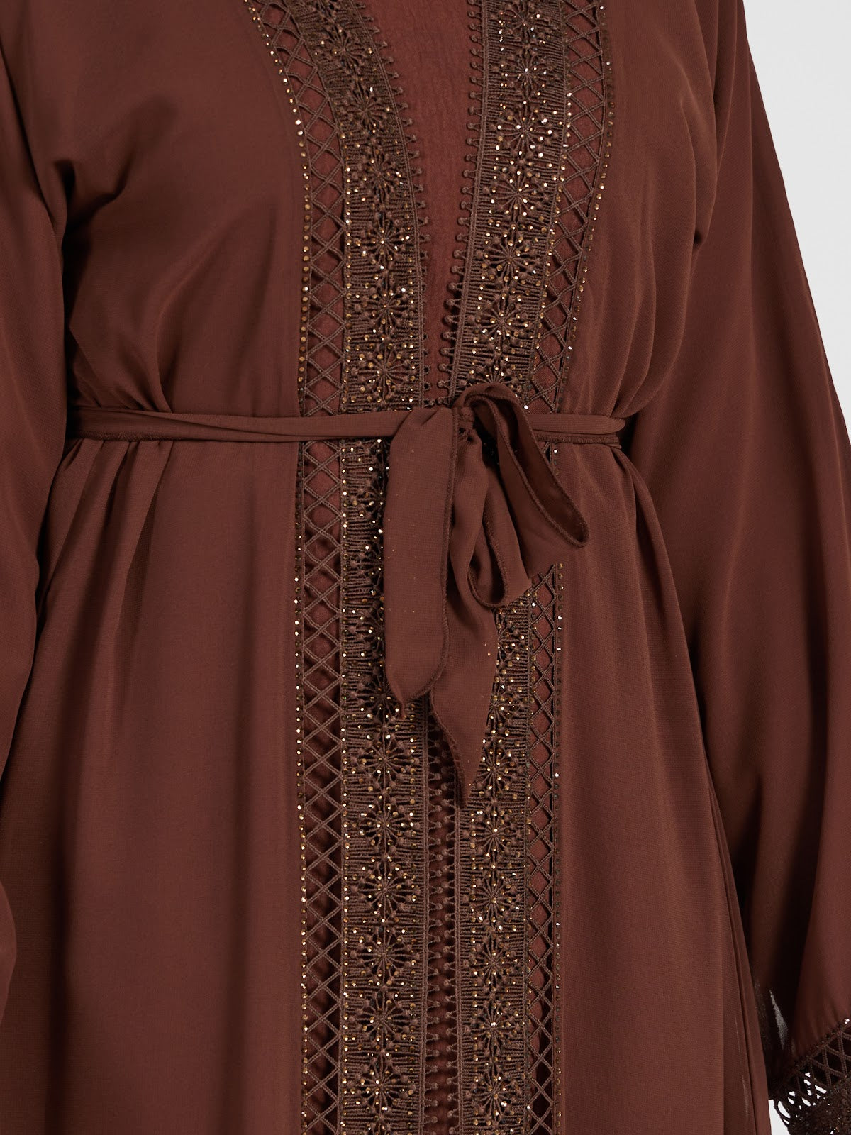Deep Coffee Brown Modest Abaya Set with Intricate Embroidery & Belt
