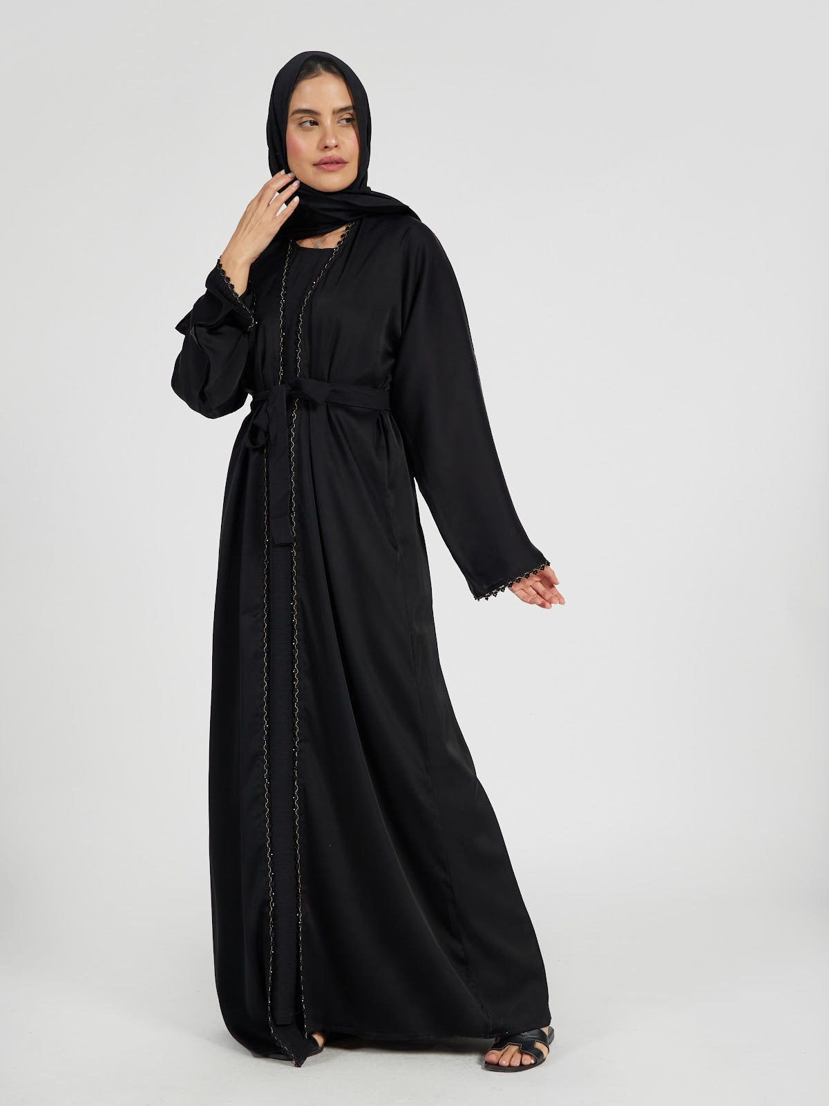 Classic Black Open Front Abaya with Braided Gold Trim & Waist Tie