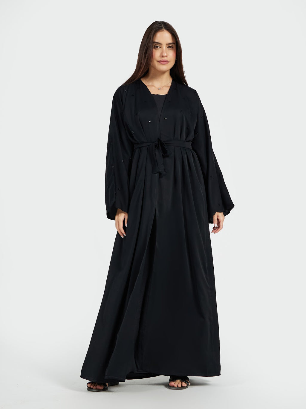 Minimalist Black Belted Abaya with Subtle Beadwork