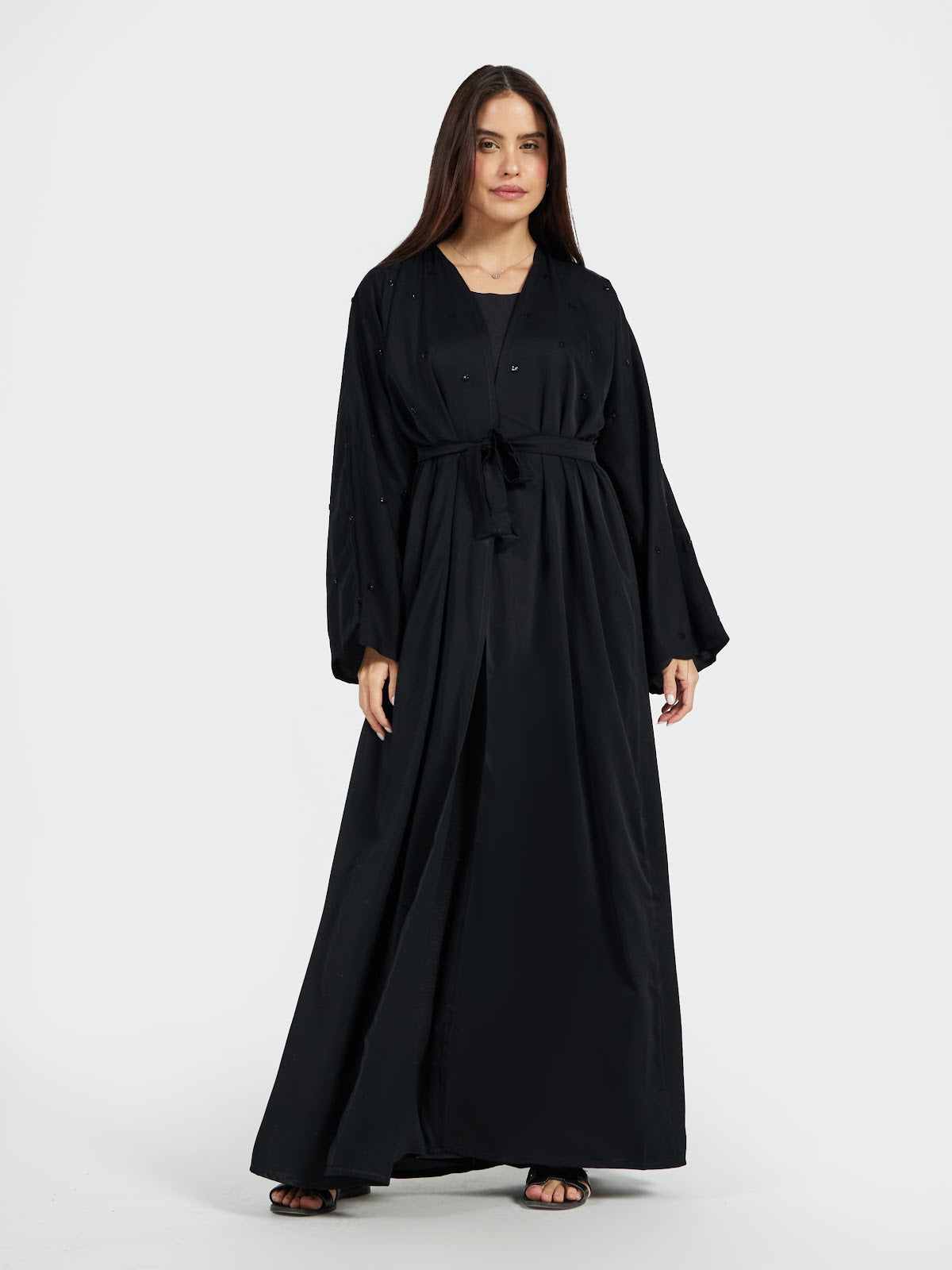 Minimalist Black Belted Abaya with Subtle Beadwork