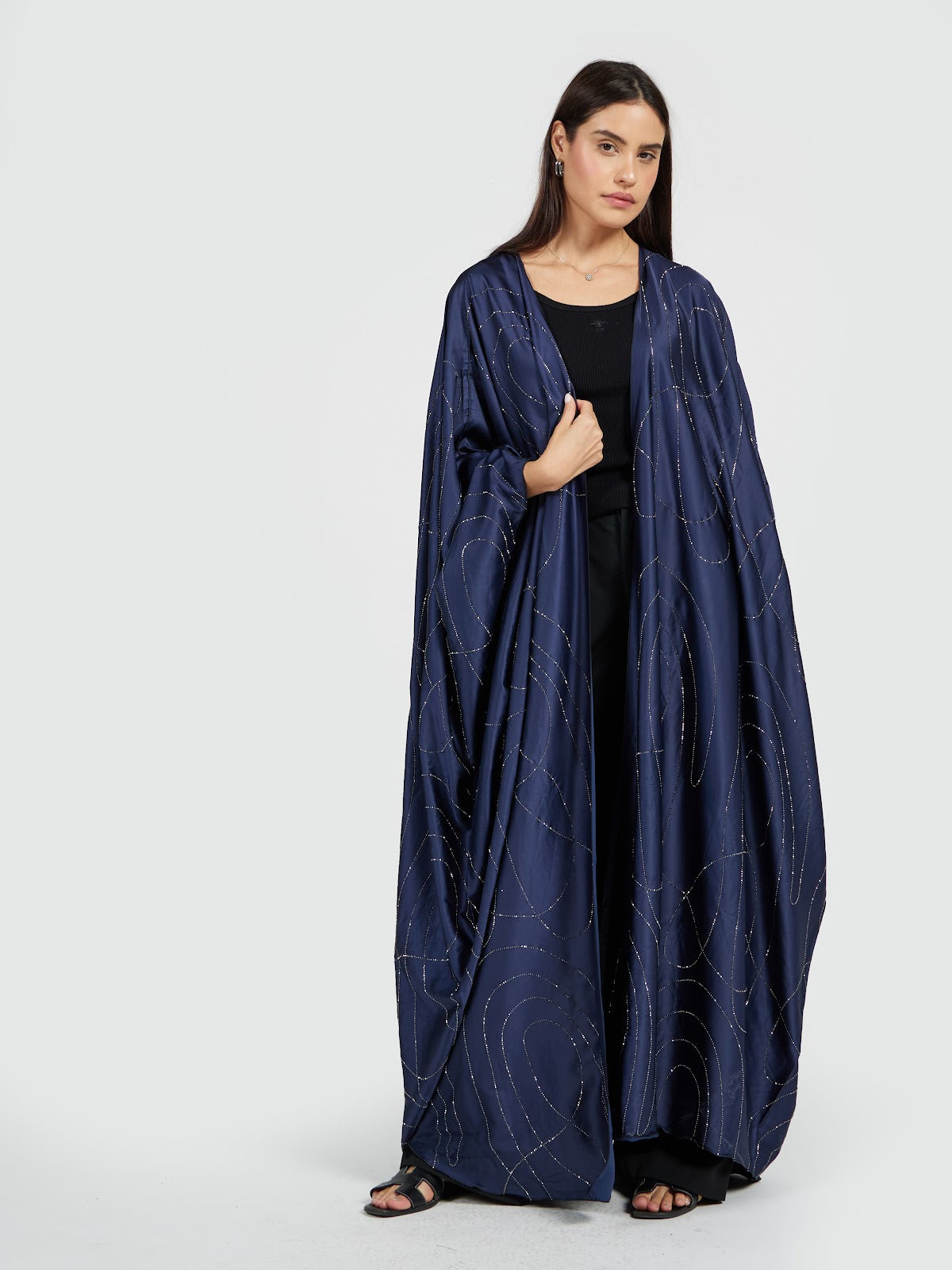 Midnight Navy Blue Sequin Draped Abaya - Luxury Modest Evening Wear