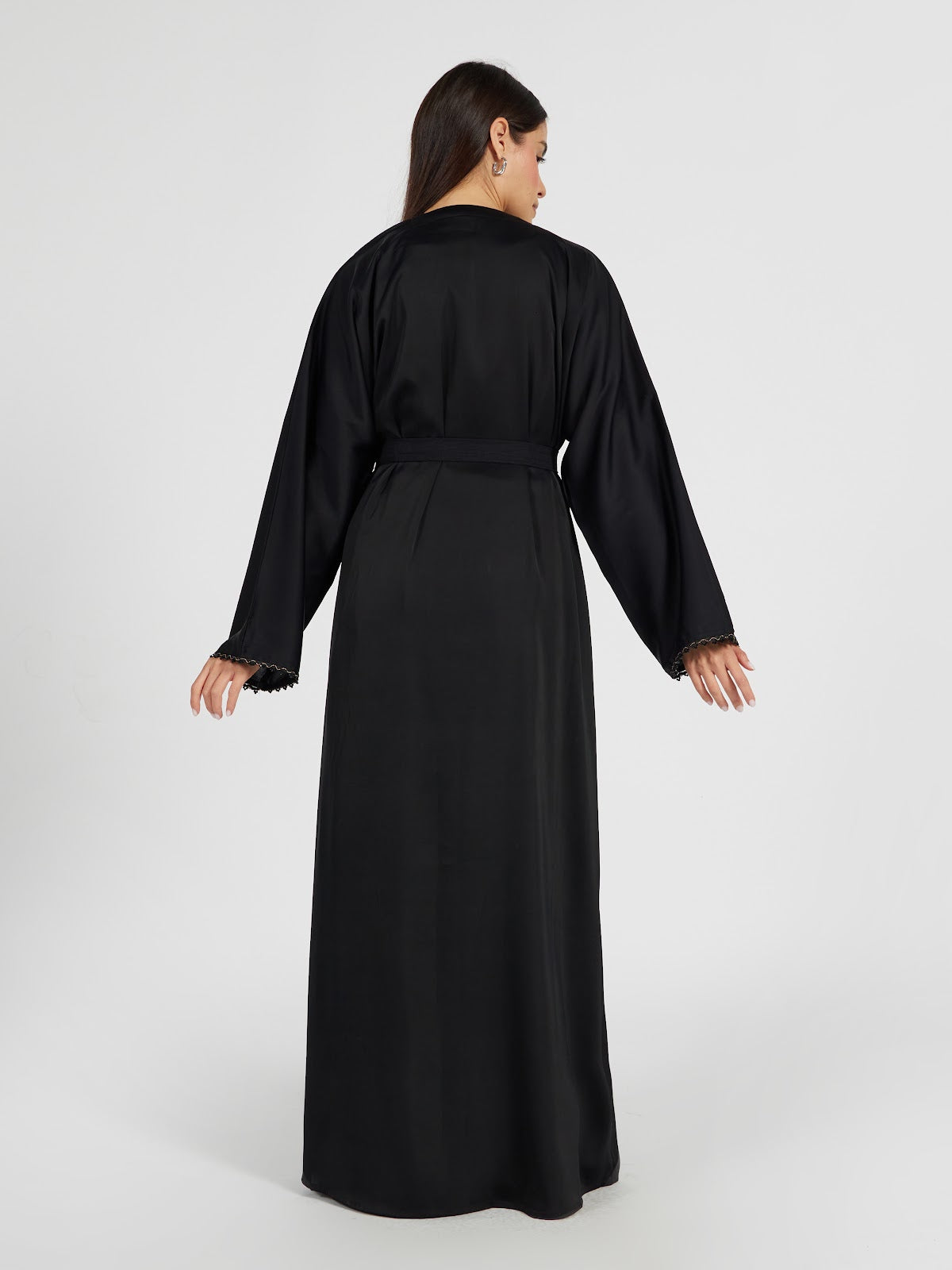 Classic Black Open Front Abaya with Braided Gold Trim & Waist Tie