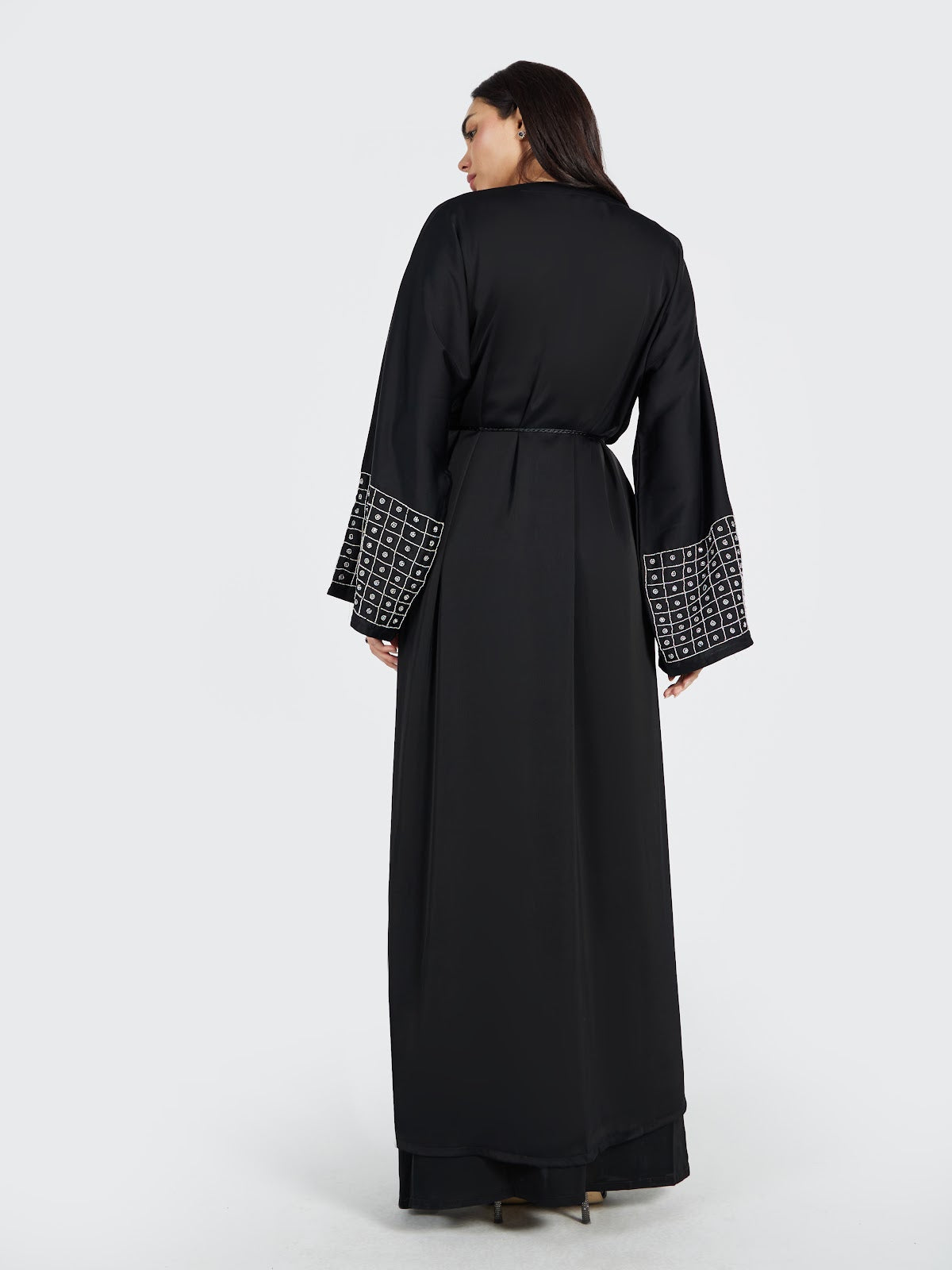 Women's Black Abaya with Geometric Grid Embroidered Sleeves